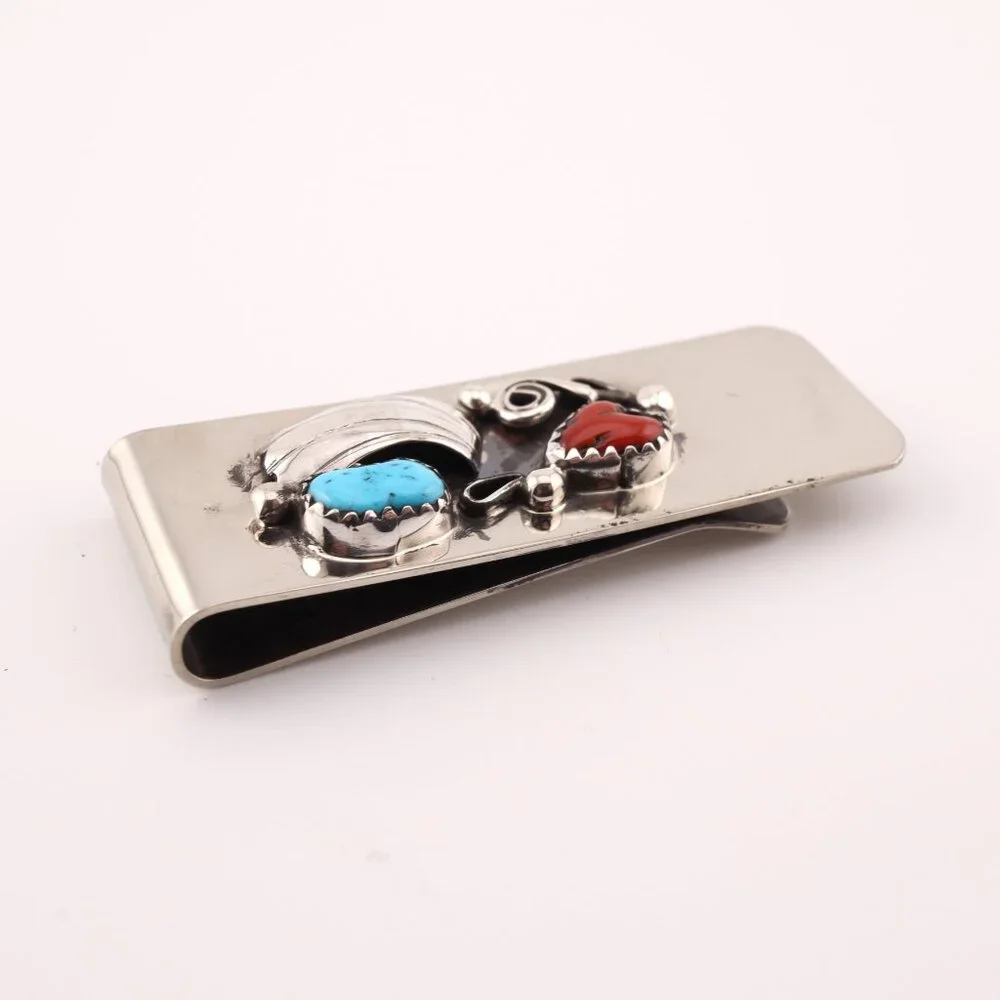 Native American Money Clip Sterling Silver Turquoise and Coral Stones Handmade**